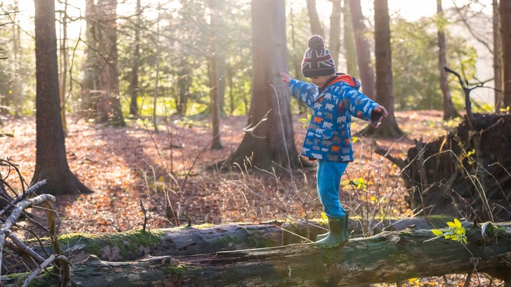 Child walking on a log at Fountains Abbey and Studley Royal Water Garden, North Yorkshire